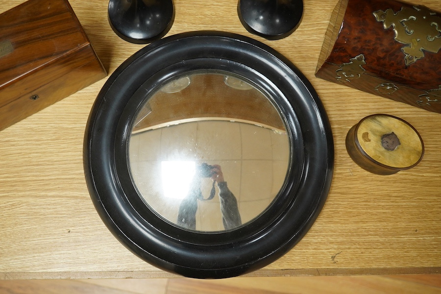 A yew wood domed box, an olivewood scent bottle box, a horn oval box and black circular mirror and two instruments, mirror 30cm diameter. Condition - fair to good